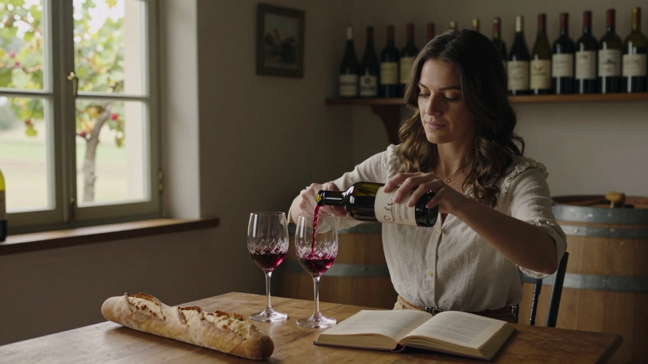 A brunette companion pours wine in a rustic Bordeaux winery, surrounded by wooden barrels and natural light.