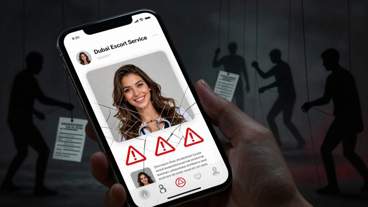 A smartphone screen displays a fake escort profile with warning symbols and shadowy puppeteers in the background.