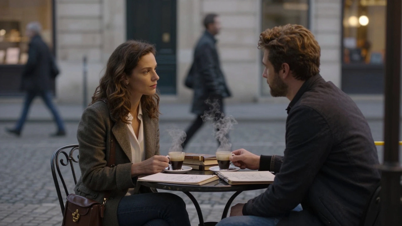 Two people converse quietly in a Bordeaux café at twilight, books and coffee cups on the table.